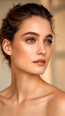 Fototapeta premium Close-up portrait of young brunette woman with blue eyes, freckles and natural makeup. Dreamy confident gaze, glowing skin. Beauty and skincare concept.