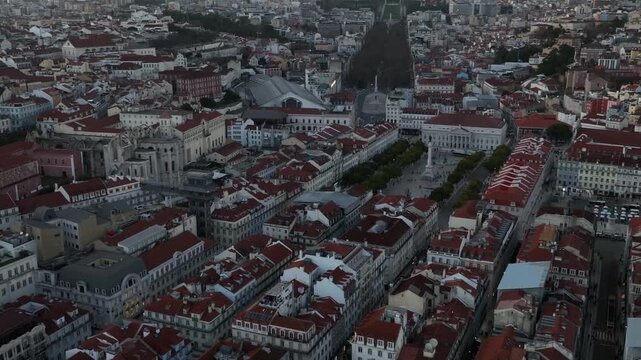 Cinematic Aerial View of Lisbon City Center and Main Squares at Sunset 