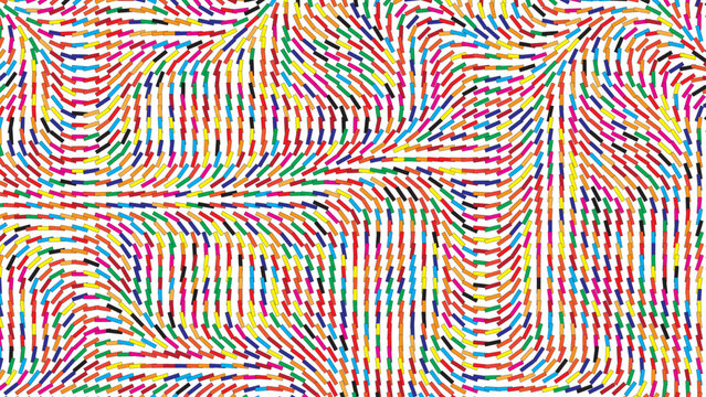 Modern pattern of multicolored dashed lines forming dynamic waves, creative digital art background.