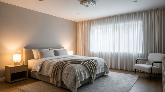 A serene and modern bedroom with a large window and comfortable bed