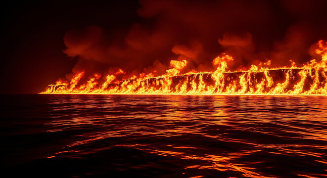 Burning fire flames on the ocean reflection transparent png perfect for surreal artistic concepts and intense photography