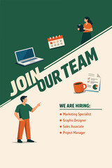 Naklejka premium Creative Diagonal Layout Hiring Flyer with Office Tools Illustration and Contemporary Recruitment Design