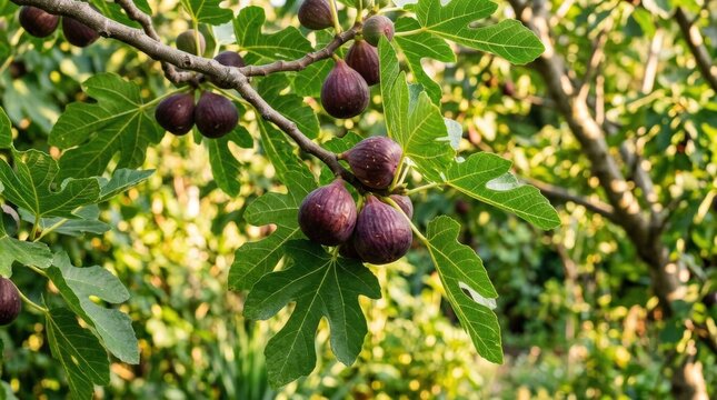 Ripe figs hanging on a garden tree branch in warm sunlight, fresh orchard fruit for healthy eating, harvest, agriculture and seasonal themes, purple skin with green leaves in a natural outdoor