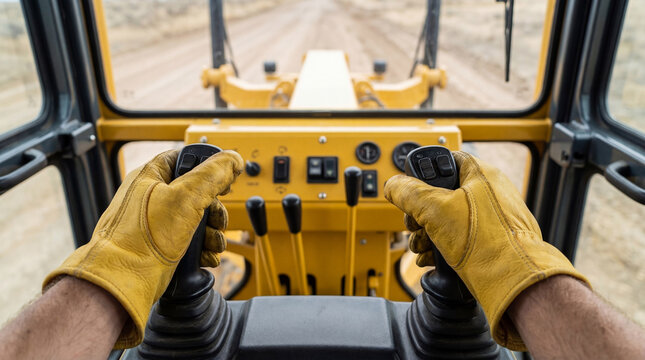 Man operating motor grader construction machine from inside cab. First person view of worker hands in yellow gloves controlling heavy industrial vehicle for road repair and earthwork.