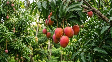 Obraz premium Red mangoes on tree in garden with natural background, tropical harvest concept for agriculture, fresh fruit and organic food branding, realistic produce texture, balanced composition, soft daylight,