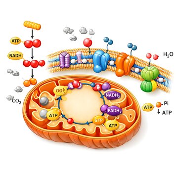 Cellular Respiration and Mitochondria Diagram showing Krebs Cycle and Electron Transport Chain