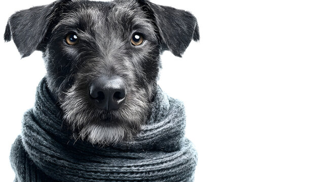 Ultra realistic HD dog wearing scarf winter style cute, isolated on white background