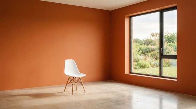 Empty orange room with a single window and white chair, minimalist interior background for architecture, lifestyle and product display concepts, clean composition, warm natural light, realistic