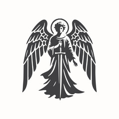 Obraz premium illustration of angel michael carrying a sword black and white art . vector graphic illustration art