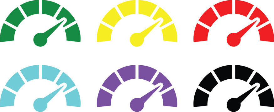 Speedometer gauge icons set vector illustration with multicolor dials showing performance levels measurement indicators isolated on white background modern design