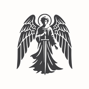 illustration of angel michael carrying a sword black and white art . vector graphic illustration art