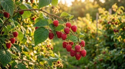 Obraz premium Raspberries on tree branch in garden, Raspberry hanging tree in natural warm sunlight background, sunlit orchard harvest scene, premium stock composition, clean copy space feel, contemporary stock