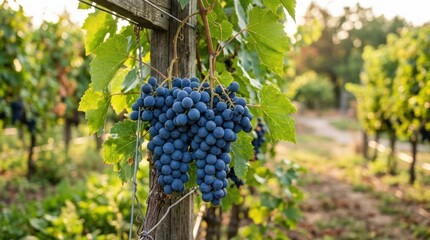 Fototapeta premium Blue Grapes hanging on tree in garden, Grapes on tree in natural warm sunlight background, sunlit orchard harvest scene, refined detail, premium visual clarity, clean copy space feel, contemporary
