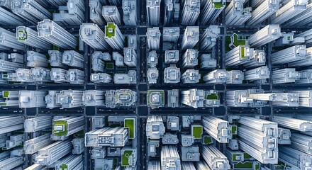 Plakat Striking aerial view of a dense modern metropolis, featuring towering skyscrapers, intricate city planning, and green urban spaces; a symbol of future development