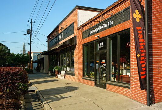 Knightdale, NC - USA - 4-14-2026: Shop and restaurants in downtown Knightdale, North Carolina, in Eastern Wake County