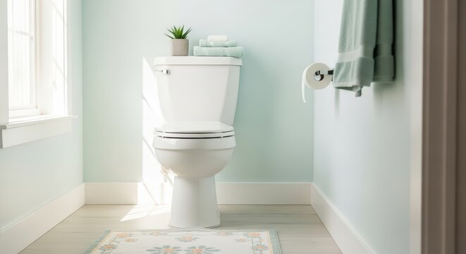 Bright minimalist bathroom interior with modern white toilet near window, soft pastel walls, natural daylight and clean Scandinavian design style.