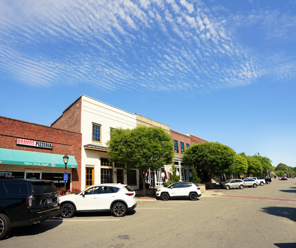 Wendell, NC - USA - 4-14-2026: Shops and restaurants in downtown Wendell, North Carolina, a fast growing town outside of Raleigh in Wake County