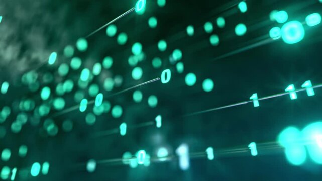 Binary digits stream through dark digital space with glowing teal ones and zeros racing along parallel tracks. Light trails, bokeh orbs and lens flares build depth for cybersecurity, big data, cloud