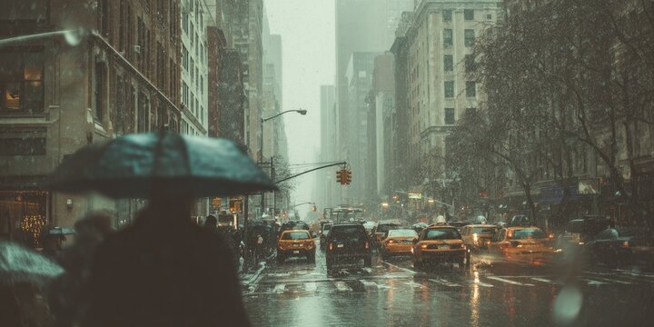 Rainy day in the city painting downtown with people and cars in a stormy downpour of wet weather