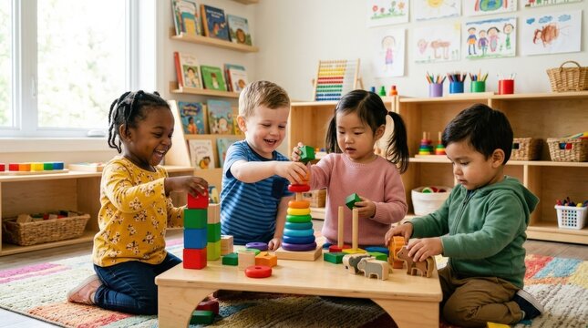 Diverse toddlers playing with stacking toys and blocks for early childhood education, playful learning and development concept in a bright kindergarten setting with inclusive joyful interaction,