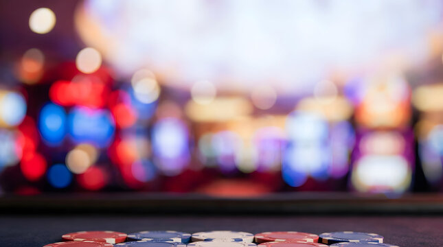 Close view of poker chips on a casino table with colorful defocused lights creating a gambling background