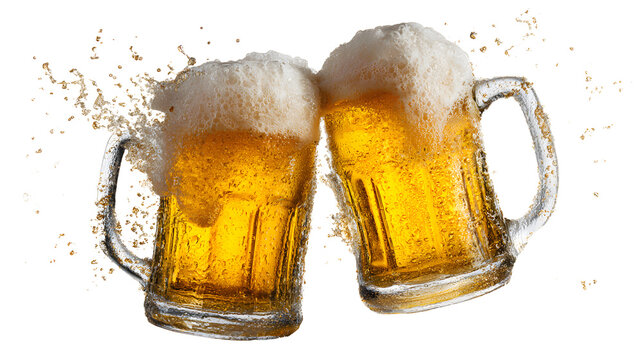 Ultra realistic HD two beer mugs cheers frothy foam splash, isolated on white background