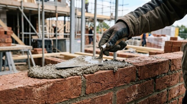 Close up of a bricklayer spreading mortar with a trowel during construction, skilled masonry and building craft concept with hand movement, material texture and precision work in focus, natural light,