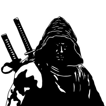 A bold black-and-white silhouette of a hooded warrior carrying twin katanas on his back. Strong shadows, intense expression, and a mysterious, powerful presence perfect for martial arts.