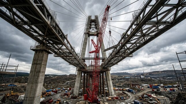 Looking up at a massive bridge structure with a red crane in the center on an overcast day, engineering scale and infrastructure progress concept with bold perspective and industrial drama, realistic