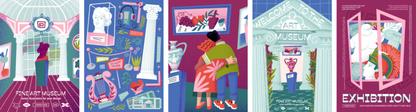 Museum, exhibition and art gallery. Vector illustrations of a hall with a Greek statue, visitor looking at a painting, classical sculpture, poster, an antique vase at the entrance to an ancient temple