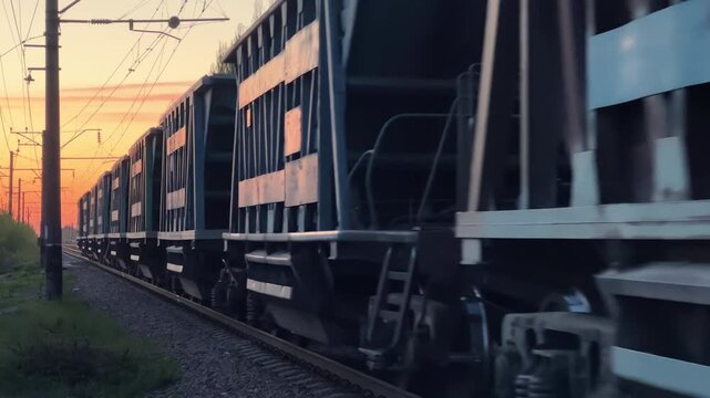 Heavy Freight Train Passing at Sunset | Dark Metal Cargo Wagons Moving Along Railway Track | Industrial Railroad Transportation. Close-Up Side View