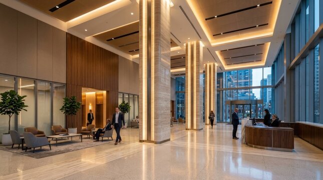 Modern office lobby with large columns and warm recessed lighting, premium corporate interior and architectural design concept with spacious layout, polished surfaces and elegant atmosphere, realistic
