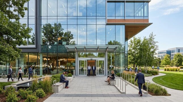 Modern office building exterior with glass facade, automatic doors and green surroundings, contemporary commercial real estate concept with clean design, accessibility and fresh professional appeal,