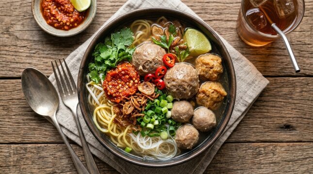 Full serving of bakso with succulent meatballs and spicy toppings, appetizing food styling, commercial menu appeal, rich texture, clean presentation, realistic detail, soft natural light, crisp focus,