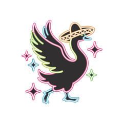Fototapeta premium Neon rainbow outline goose mascot wearing a sombrero on dark background