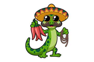 Obraz premium Cute cartoon gecko mascot wearing sombrero sunglasses and mustache holding chili peppers