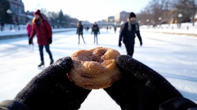 Person holding an iced bun while ice skating. Winter pastime with rink outdoor leisure. Fun cold weather activity with sweet food.