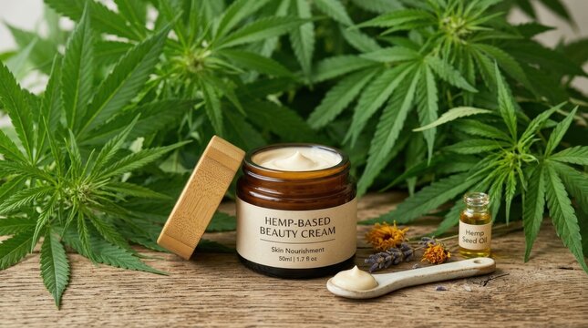 Natural hemp leaf backdrop featuring hemp based beauty cream for skin nourishment, premium stock composition with commercial clarity, refined styling, soft natural light, realistic textures, subtle