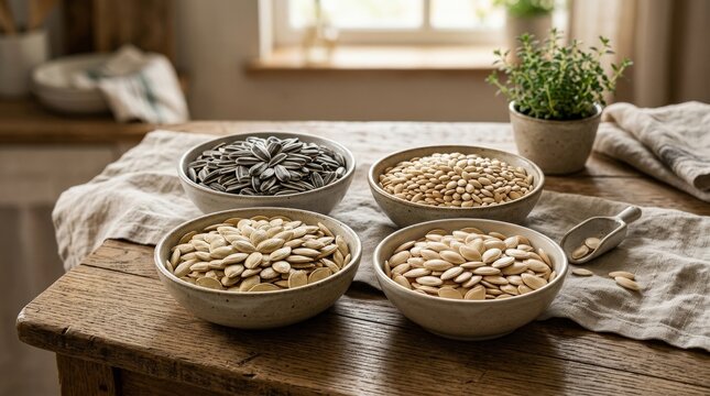 Nutrient Packed Unshelled Seeds Variety Including Cucumber Sunflower Pumpkin and Melon, premium stock composition with commercial clarity, refined styling, soft natural light, realistic textures,