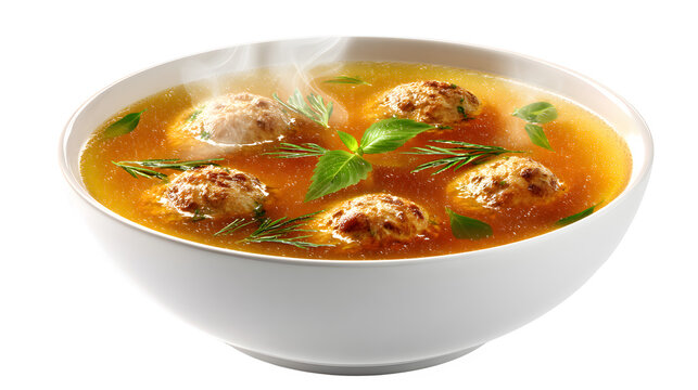 Ultra realistic HD chicken meatball soup bowl with herbs, isolated on white background