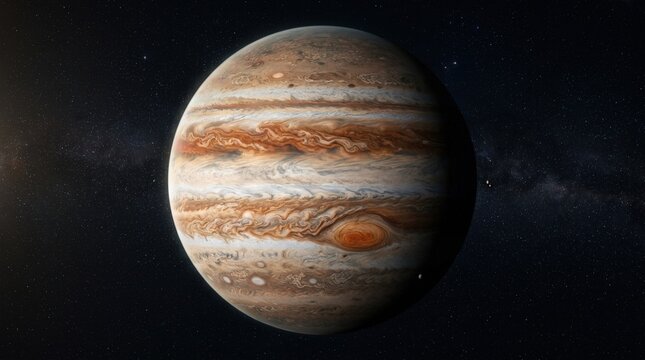 View of Jupiter planet from outer space with colorful atmospheric bands, premium stock composition with commercial clarity, refined styling, soft natural light, realistic textures, subtle depth and