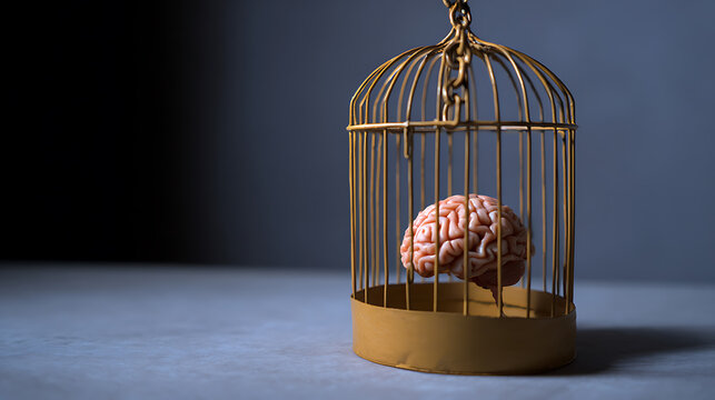 Conceptual image of a human brain model confined within a golden birdcage, symbolizing mental restriction, intellect suppression, or cognitive limitation