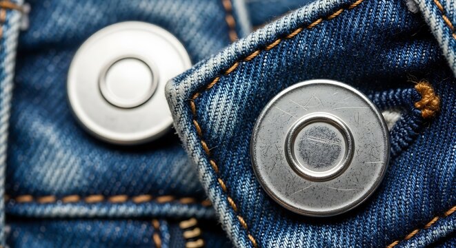 Closeup of blue denim jeans with metal rivets and orange stitching on pocket seams  fashion and clothing details