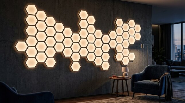 Cluster of glowing hexagonal lights on wall, modern geometric lighting concept, ambient interior design, warm luminous pattern, realistic detail, no logos