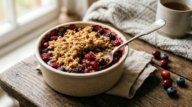 Mixed berry crumble in a ramekin with cranberries and spoon, warm baked dessert with juicy fruit filling and crisp topping, cozy food styling, natural light, no logos