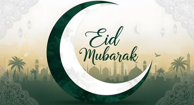 Eid mubarak greetings crescent moon cityscape for a joyful eid celebration