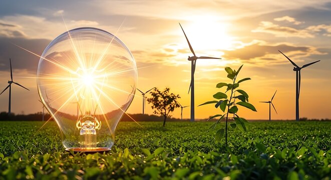 Renewable energy concept with light bulb and wind turbines in green field at sunset  eco friendly technology and innovation