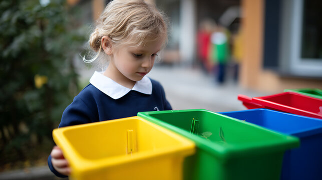 Young child in school uniform thoughtfully sorts items into colorful recycling bins, learning about environmental responsibility and waste separation