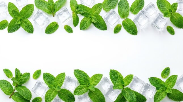 Panoramic border of fresh green mint leaves and ice cubes on a white background, refreshing food and drink banner composition with clean spacing and crisp detail, no logos