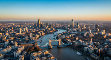 Fototapeta premium Aerial panoramic view of London cityscape at sunset with River Thames, Tower Bridge, skyline, golden hour lighting